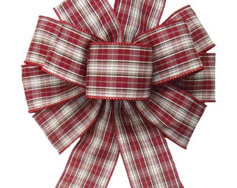Wine & Cream Plaid Christmas Bows - Wired Holiday Bows - Wreaths, Lanterns, Signs, Crafts, Decorating