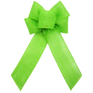 May include: A bright green burlap bow with a large center loop and two long tails.