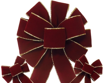 Indoor Outdoor Burgundy Velvet Wreath Bows - Wired Velvet Christmas Bows for Wreaths, Lanterns, Signs, Garland, Christmas Trees, Crafts