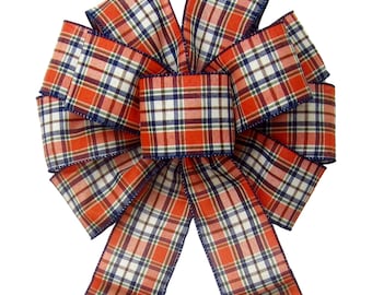 Navy Blue & Orange Linen Plaid Bows - Wired Fall Bows - Wreaths, Lanterns, Signs, Crafts, Decorating