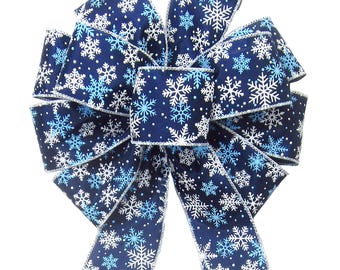 Midnight Blue Snowflakes Christmas Bows - Wired Ribbon for Wreaths, Lanterns, Signs, Gifts, Crafts, Decorations