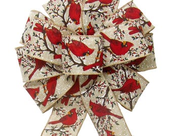 Red Birds Snowy Branches Bows & Ribbon - Wired Cardinal Christmas Bows - Wreaths, Lanterns, Signs, Decorations