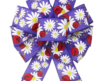 Purple Ladybugs & Daisies Spring Bows - Wired Floral Ribbons - Wreaths, Lanterns, Signs, Baskets, Crafts, Decorations