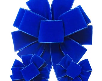 Royal Blue Outdoor Velvet Bows & Ribbon - Christmas Wreaths, Lanterns, Signs, Garland, Crafts, Patriotic Decorations