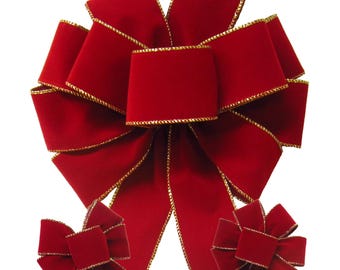Berry Red/Gold Outdoor Velvet Bows - Wired Christmas Ribbons - Wreaths, Lanterns, Signs, Crafts, Decorations