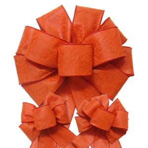 Burnt Orange Outdoor Bows - Embossed weather resistant wired ribbon - wreaths, bows, signs, crafts, decorations