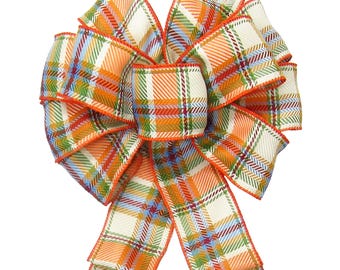 Orange Cream Plaid Fall Wreath Bows - Wired Thanksgiving Bows - Wreaths, Lanterns, Signs, Crafts, Decorations