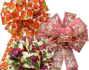 Wired Fall Wreath Bows: Pumpkin Patch, Autumn Acorns, Harvest Grapes for Thanksgiving Decorating