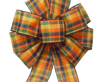 Navy Blue & Orange Plaid Fall Bows - Wired Thanksgiving Bows - Wreaths, Lanterns, Signs, Crafts, Decorations