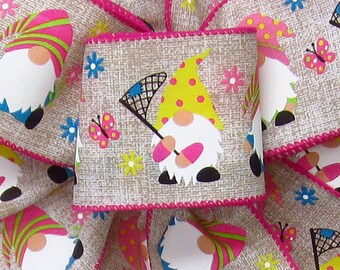 10Yds Spring Gnomes & Butterflies Ribbon - 2.5" Wired Easter Ribbon - Wreaths, Baskets, Signs, Crafts, Decorations