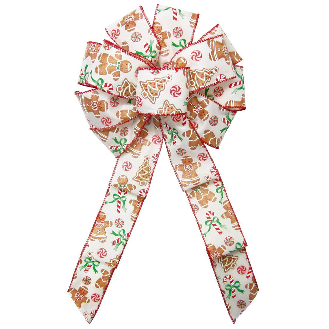 Iced Gingerbread & Candy Canes Ivory Christmas Bows for Wreaths Wired ...