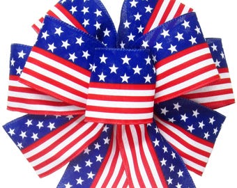 14" Stars and Stripes Patriotic Bow - 4th of July Decoration - Memorial Day Wreath Bow - Americana Flag Decorations for Patriotic Decorating