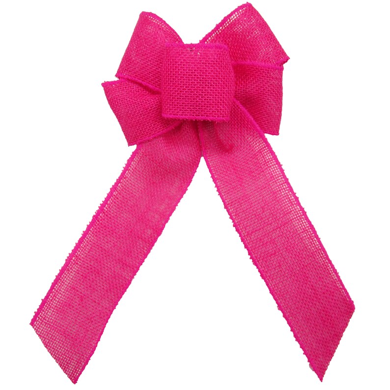 May include: A large, bright pink burlap bow with a center loop. The bow is made of a textured, woven fabric.