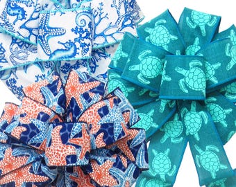 Wired Sea Life Bows - Starfish & Seahorse Ribbons - Ocean Animals Turtle Decorations - Wreath, Signs, Crafts