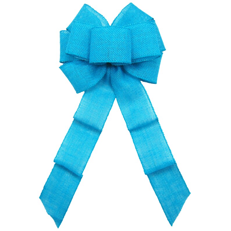 May include: A large turquoise blue burlap bow with a center loop and two long tails.