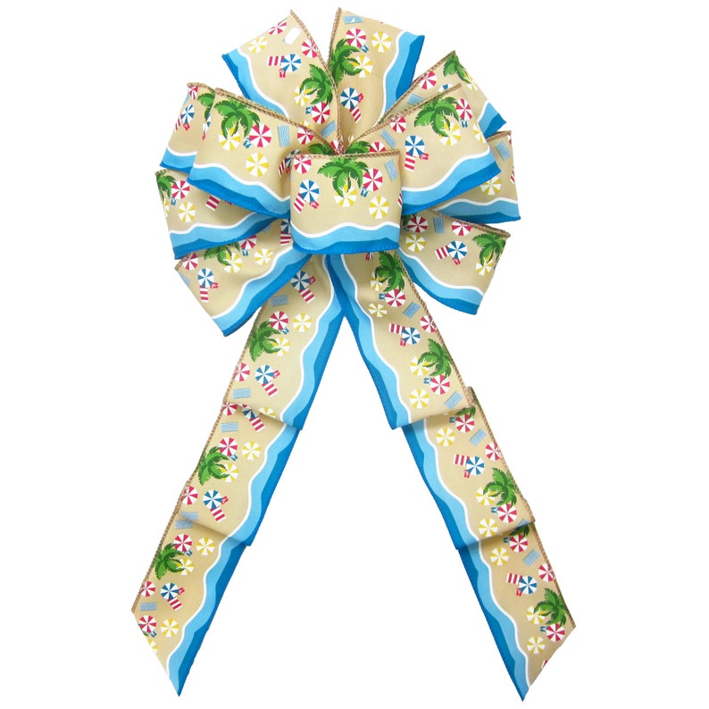 May include: A large, blue and tan bow with a beach theme. The bow features palm trees, beach umbrellas, and waves.