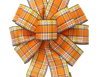 Ivory Orange & Black Tartan Plaid Bows - Wired Fall Bows - Thanksgiving Wreaths, Signs, Crafts, Decorations