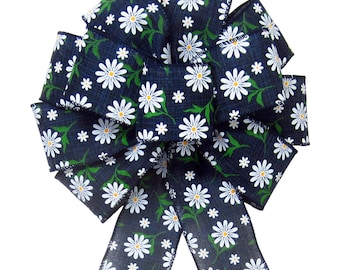 White Daisies Navy Blue Bows - Wired Spring Ribbon - Wreaths, Lanterns, Baskets, Signs, Crafts, Decorations