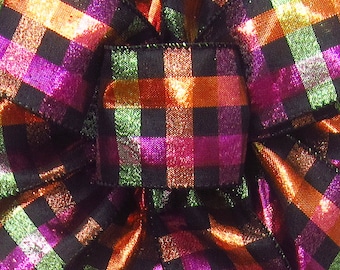 10 Yds Shimmering Metallic Checks Fall Ribbon - 2.5" Fall Wired Plaid Ribbon for Wreaths, Lanterns, Bows, Signs, Halloween  & Fall Crafts