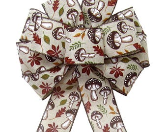 Fall Leaves & Mushrooms Linen Bows - Wired Thanksgiving Ribbons - Wreaths, Lanterns, Signs, Crafts, Decorations