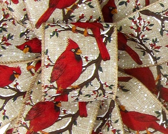 10Yds Red Cardinals on Snowy Branches Ribbon - 2.5" Wired Ribbon - Wreaths, Bows, Signs, Crafts