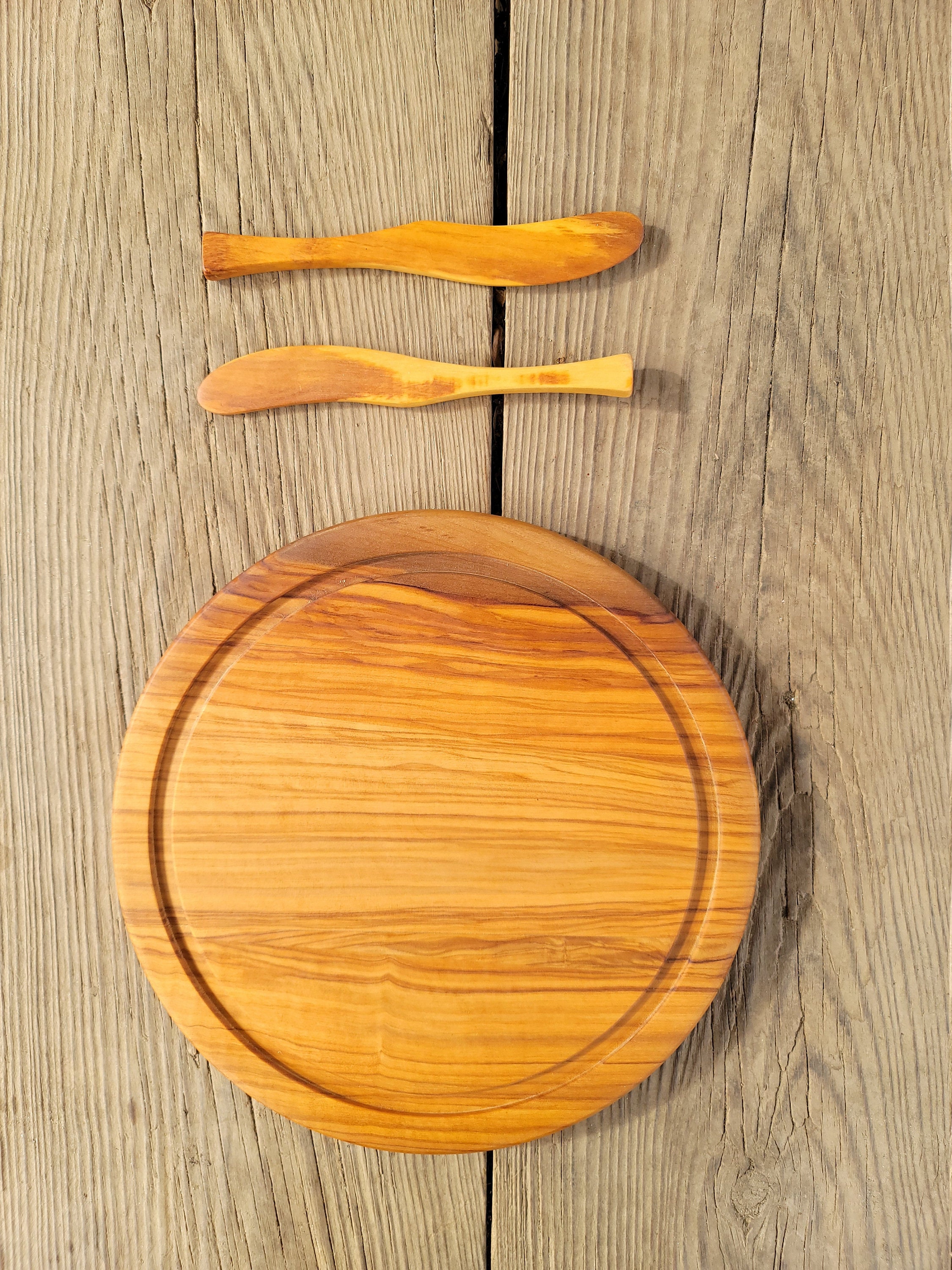 Set of Olive Wood Cheese/cutting Board 2 Wood Knife Spreader Etsy