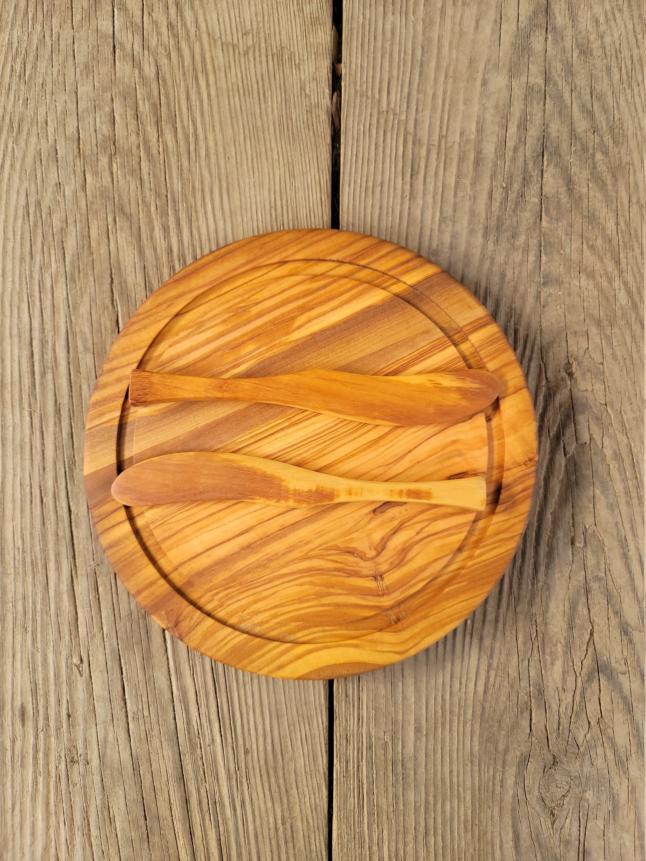 Set of Olive Wood Cheese/cutting Board 2 Wood Knife Spreader Etsy