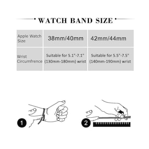 K&ouml;nnte beinhalten: Eine Tabelle, die die Gr&ouml;&szlig;en von Apple Watch-Armb&auml;ndern f&uuml;r verschiedene Handgelenkumf&auml;nge zeigt. Die Tabelle zeigt, dass eine Apple Watch mit 38 mm/40 mm f&uuml;r ein Handgelenk mit 5,1 bis 7,1 Zoll (130 mm bis 180 mm) geeignet ist und eine Apple Watch mit 42 mm/44 mm f&uuml;r ein Handgelenk mit 5,5 bis 7,5 Zoll (140 mm bis 190 mm) geeignet ist. Die Tabelle enth&auml;lt auch zwei Illustrationen, die zeigen, wie man sein Handgelenk misst.