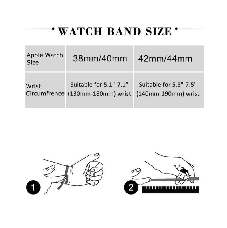 K&ouml;nnte beinhalten: Eine Tabelle, die die Gr&ouml;&szlig;en von Apple Watch-Armb&auml;ndern f&uuml;r verschiedene Handgelenkumf&auml;nge zeigt. Die Tabelle zeigt, dass eine Apple Watch mit 38 mm/40 mm f&uuml;r ein Handgelenk mit 5,1 bis 7,1 Zoll (130 mm bis 180 mm) geeignet ist und eine Apple Watch mit 42 mm/44 mm f&uuml;r ein Handgelenk mit 5,5 bis 7,5 Zoll (140 mm bis 190 mm) geeignet ist. Die Tabelle enth&auml;lt auch zwei Illustrationen, die zeigen, wie man sein Handgelenk misst.