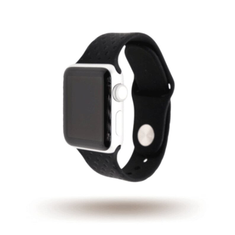 K&ouml;nnte beinhalten: Ein schwarzes Silikon-Armband mit einem wei&szlig;en Apple Watch-Zifferblatt. Das Armband hat ein perforiertes Design f&uuml;r Atmungsaktivit&auml;t.