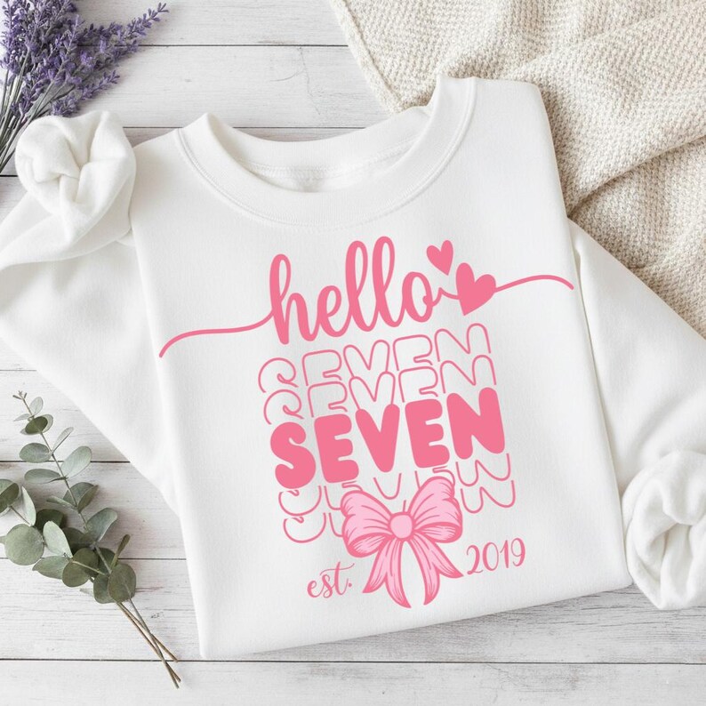 Hello Seven Hello SEVEN Birthday PNG & SVG: 7th Birthday Girl Design, Pink 7th ...