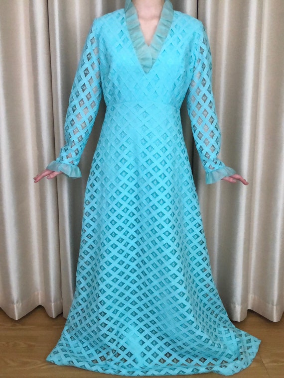 60s 70s Bernie Bee Turquoise Long Sleeve Dress