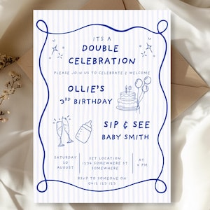 Invito per doppia celebrazione modificabile / Blue Sip & See + invito per festa di compleanno / Benvenuto bambino e compleanno bambino / Modello digitale Canva