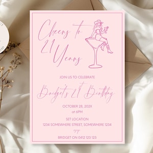 Cheers to 21 Years Birthday Invitation | 21st Birthday Party Invite | Milestone Template | Pink Invite | Girl in Martini | Digital Download