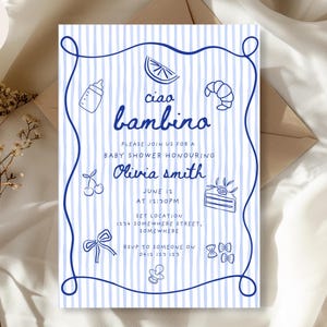Bearbeitbar Ciao Bambino Baby Shower Einladung | Italienische Babyparty einladen | Blaues Design | Junge Baby Shower Einladung | Digitaler Download