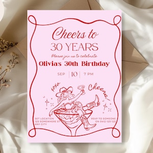 Editable Cheers to 21 Years Invitation | Pink & Red 21st Birthday Template | Girl in Martini Glass | Digital Download | Any Age | Canva