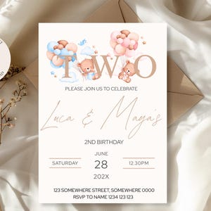 Twin Birthday Invitation Boy and Girl | Teddy Bear & Balloons Theme | Editable 2nd Birthday Invite | Twin Party Template | Digital Download
