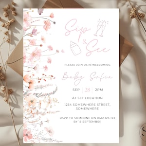 Sip and See Invitation Girl Wildflower Baby Shower Invite Meet and Greet Welcome Baby Party Invitation Newborn Celebration Printable