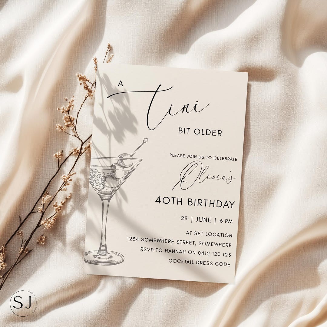 エレガントなマティーニの誕生日招待状。少し年上向け。編集可能な