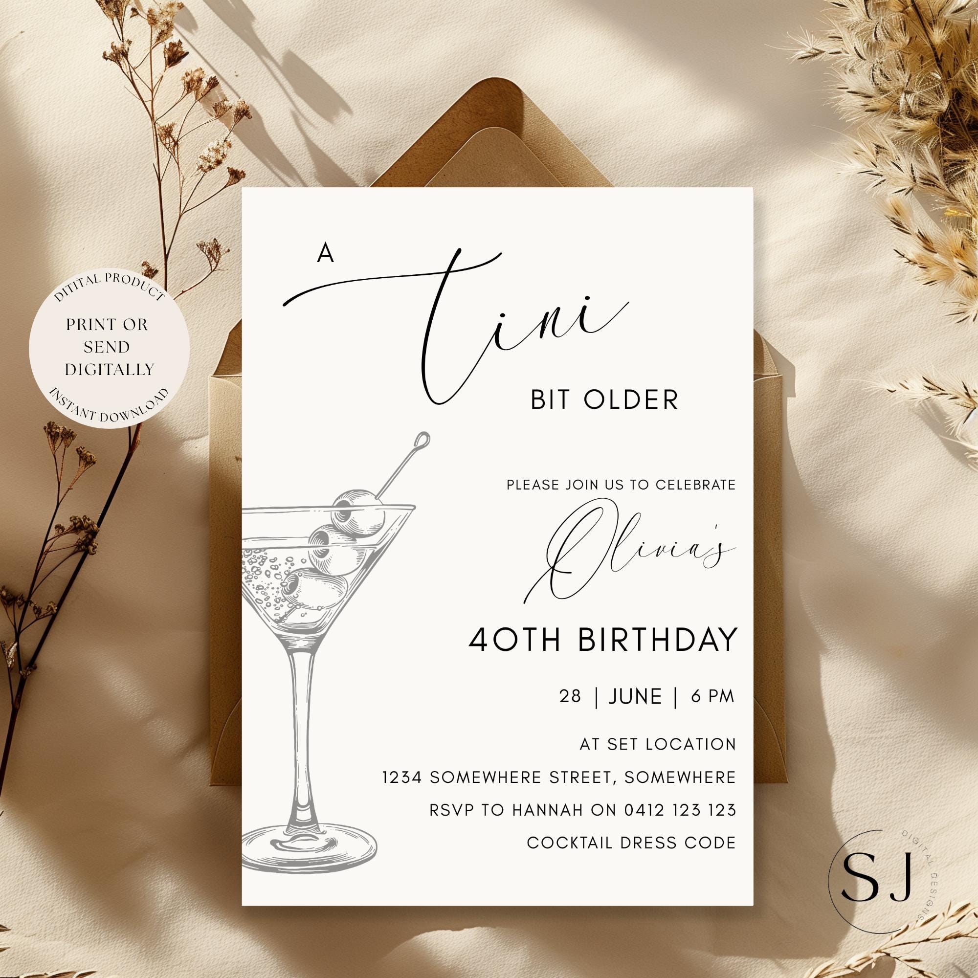 エレガントなマティーニの誕生日招待状。少し年上向け。編集可能な