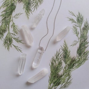 May include: A silver chain necklace with a clear quartz crystal pendant. The necklace is displayed on a white surface with sprigs of green foliage.