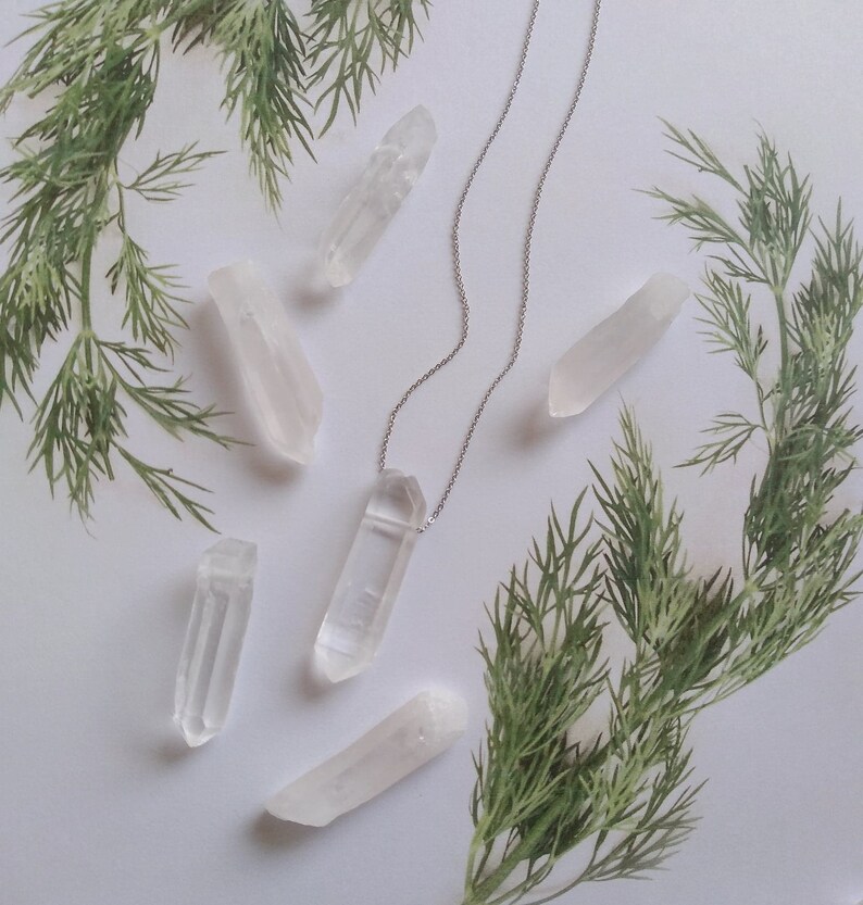 May include: A silver chain necklace with a clear quartz crystal pendant. The necklace is displayed on a white surface with sprigs of green foliage.