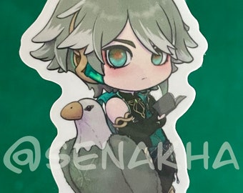 May include: A sticker featuring a chibi-style illustration of a character with green hair and a green and gold outfit, riding a gray bird with a white beak. The character is holding a book and has a serious expression.