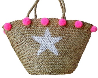 Stern-Strandkorb mit rosa Pompons – Strandtasche – Strohtasche – Strohhandtasche – Strandtasche – Borsa da spiaggia