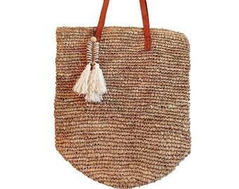 Bolso de rafia con pompón de concha; Cesta de playa; bolsa de