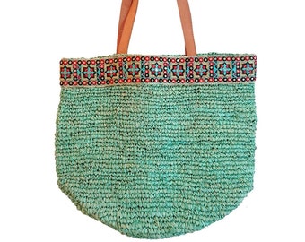 Geborduurde turkooizen tas van raffia; Strandmand; Strandbasketbal; Raffia draagtas; Raffia strandtas; Strandtas; Borsa di spiaggia