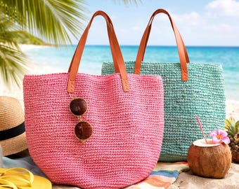 Franca Strandtasche aus türkisfarbenem Bast – Strandtasche mit Reißverschluss