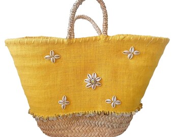 Yellow beach basket with seashells; Beach bag; Natural fiber bag; Tote bag; Straw bag; Beach bag; Beach bag