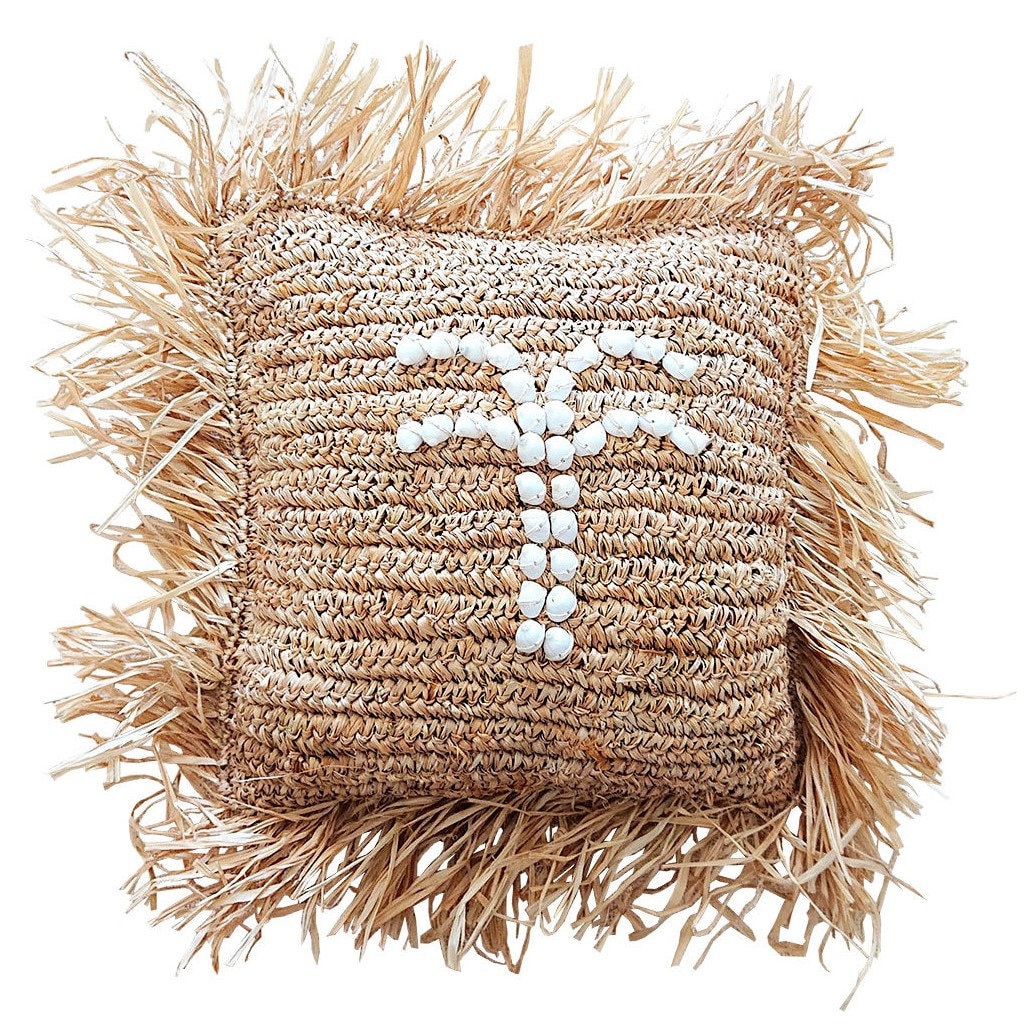 Housse de Coussin Shelly en Raphia Naturel et Coquillages, 40x40