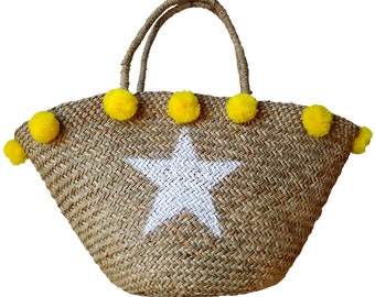 Star beach basket in seagrass, yellow tassels; Beach bag; Straw bag; Beach bag; Borsa da spiaggia